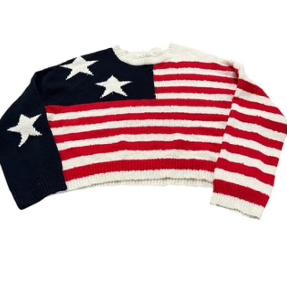 NEW Moon & Madison Flag Sweater Women’s Sz Large Cropped Long Sleeve Cotton NWT - Picture 2 of 9